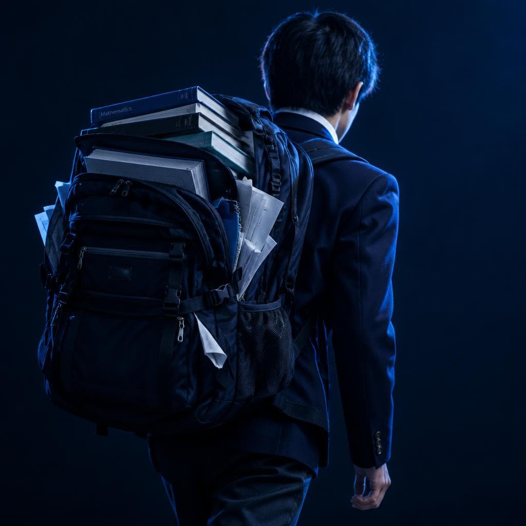 A student carrying an oversized backpack heavy with textbooks and papers