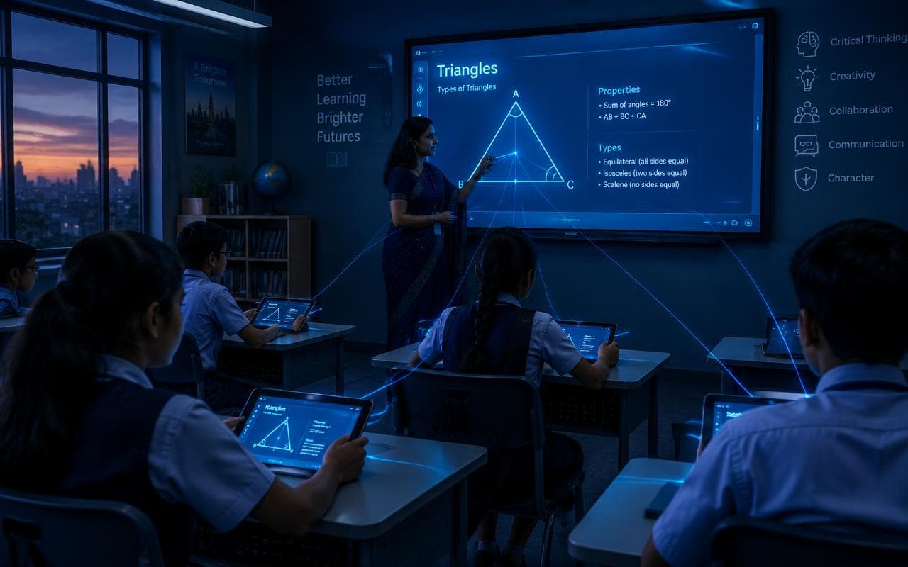 Teacher presenting a triangles lesson on a Smart Board while students follow on Eynorix Tabs
