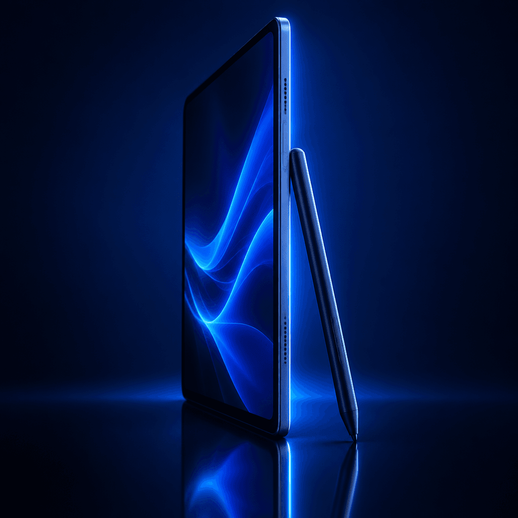 Eynorix Tab side profile with stylus on a glowing blue stage